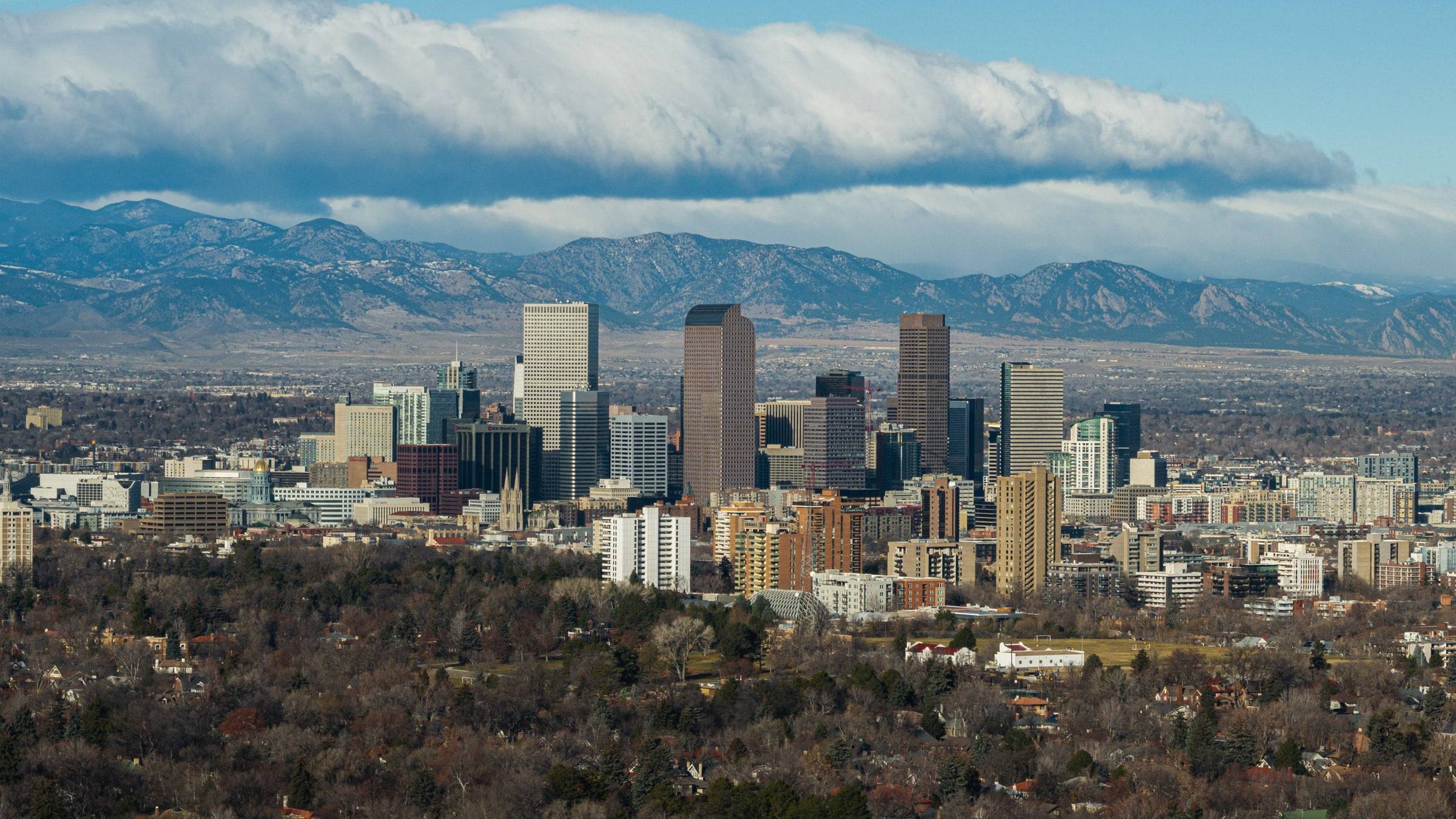 Downtown Denver with the snow-capped Front Range beyond